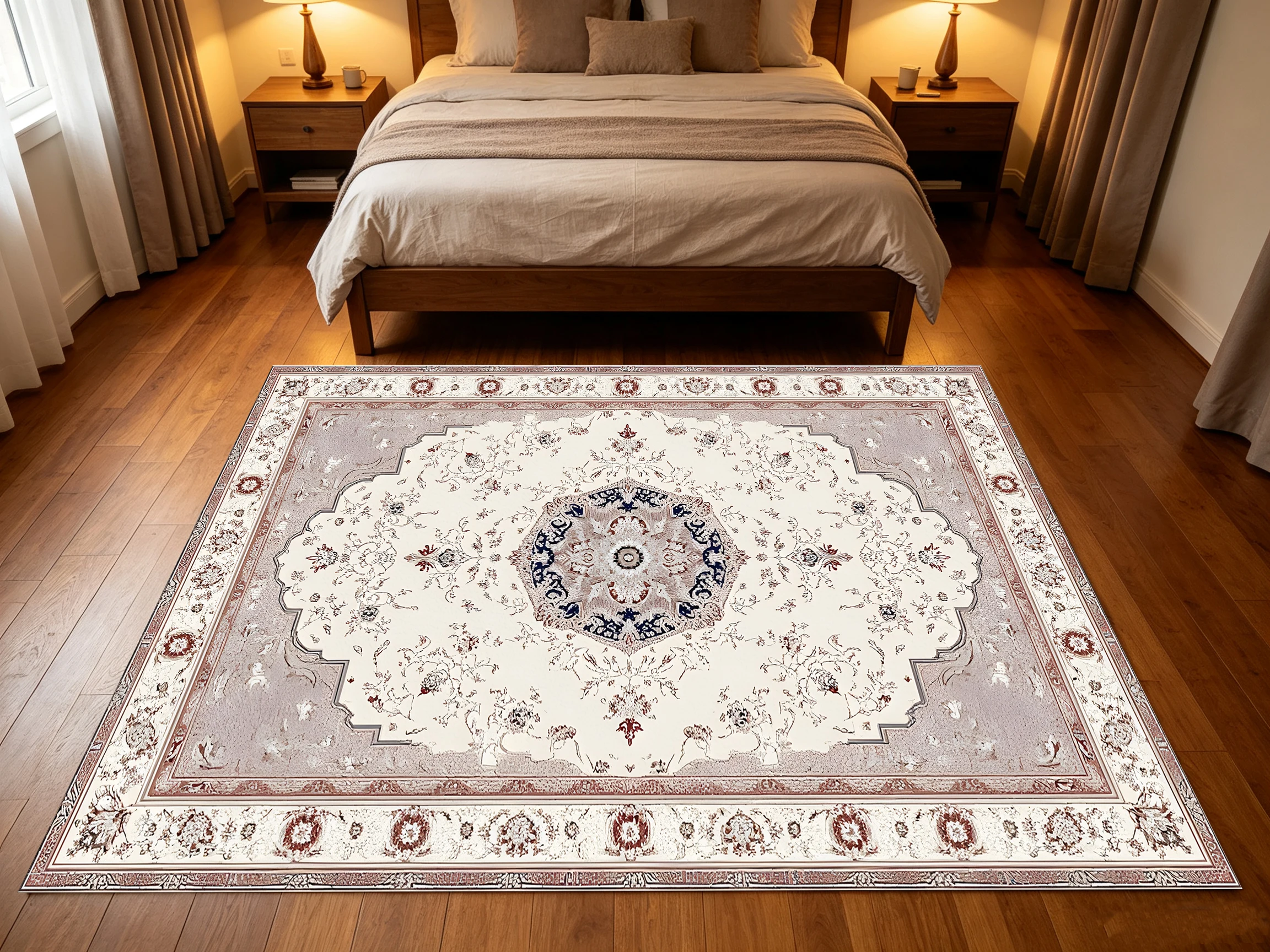 2D Large Rug in Beige-Pink Tones with European Retro Pattern, Soft & Skin-Friendly, for Living Rooms & Bedrooms, Enhancing the Ambiance