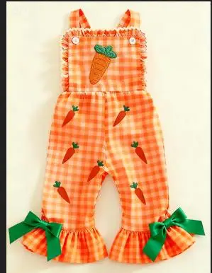 Cute Toddler Girls Easter Flare Pants Overalls Plaid Print Bunny Embroidery Sleeveless Bell Bottom Romper