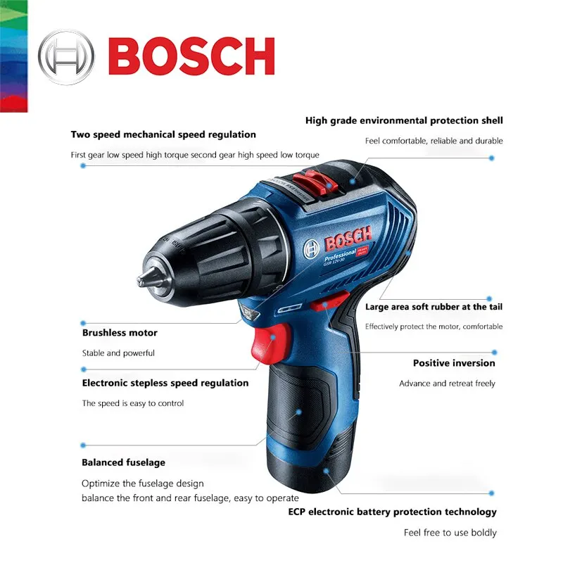 Bosch Gsr12-30 12V Professional Household Wireless Power Tools Rechargeable Hand Electric Drill Electromotion Screwdriver