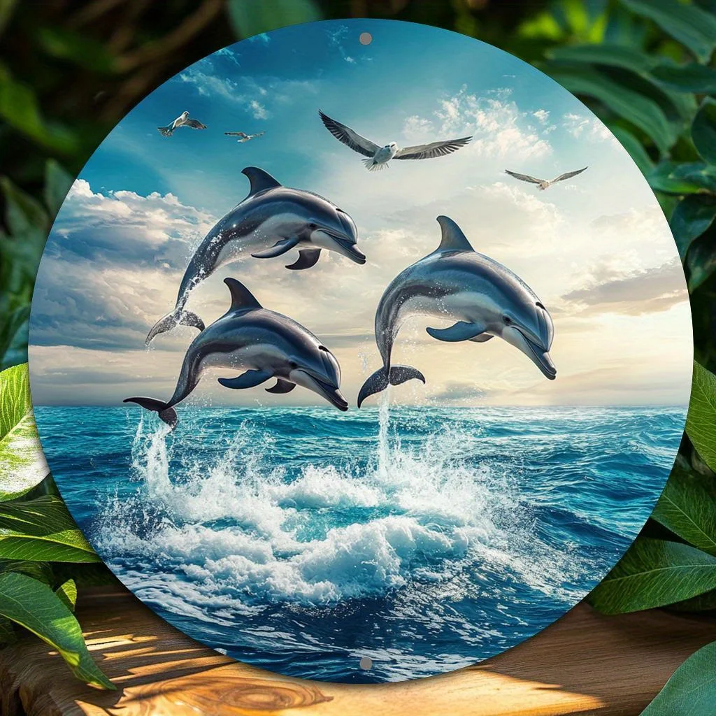 

2D Flat, 1pc, 2D Flat Print, Round Aluminum Sign Wall Art, Vintage Metal Sign, Dolphin Themed, For Bar Kitchen Coffee Home Room