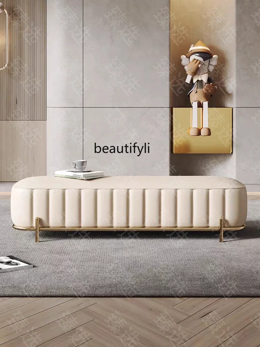 KK80  Italian Style Light Luxury Genuine Leather Bed End Stool Home Shoe Changing Stool Cloakroom Long Stool Nordic Simple Desig