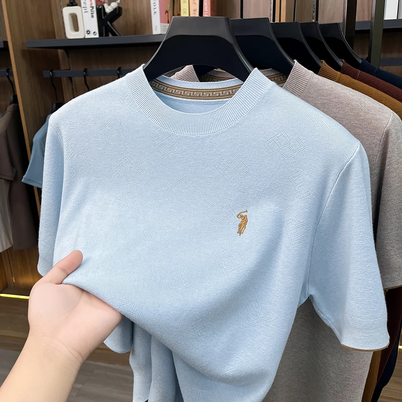 High-end Men's Crew Neck Knitted Sweater Casual Embroidered Trendy Base Shirt Short-sleeve T-shirt Solid Color Top for Summer