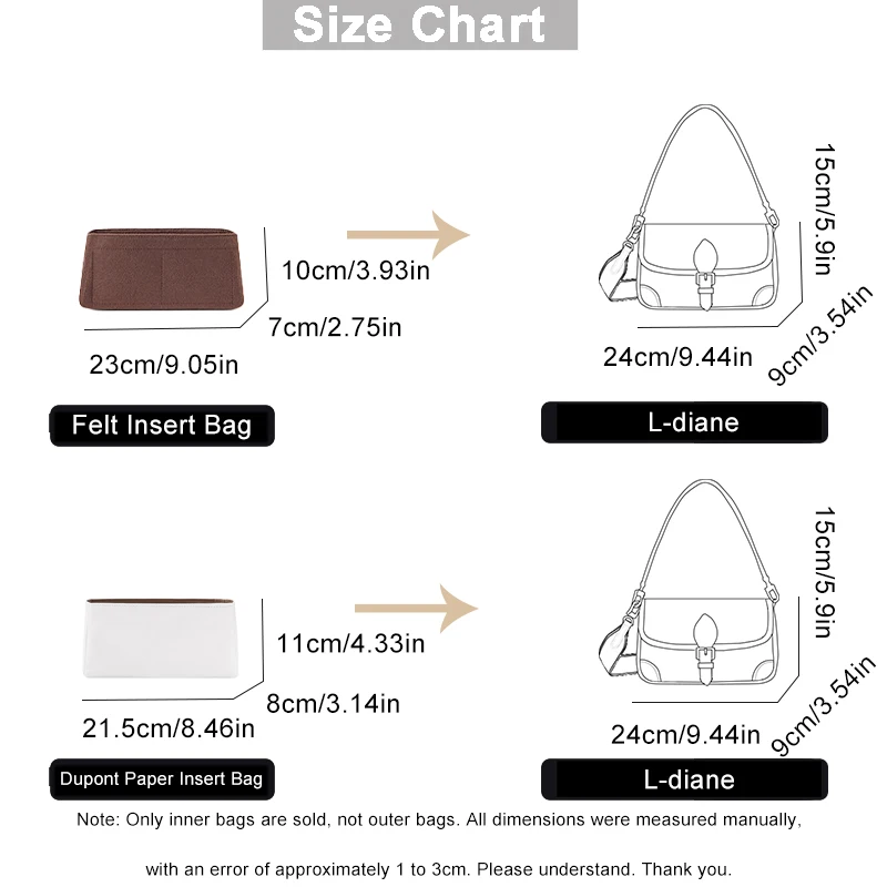 EverToner Organizer Insert Fit For L-Diane bag Dupont Paper Insert Bags Liner Shaper Inner Purse accessories