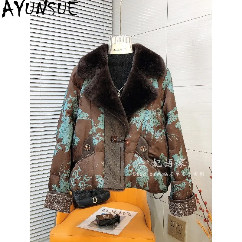 AYUNSUE Women's Down Coats Short Chinese Style Jacquard Jackets for Woman Fur and Leather Integrated Collar Coat Woman Clothes