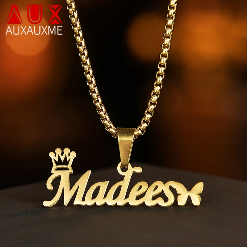 

Auxauxme Custom Crown Butterfly Name Pendant For Women Men Personalized Names Necklace Stainless Steel Jewelry Gifts