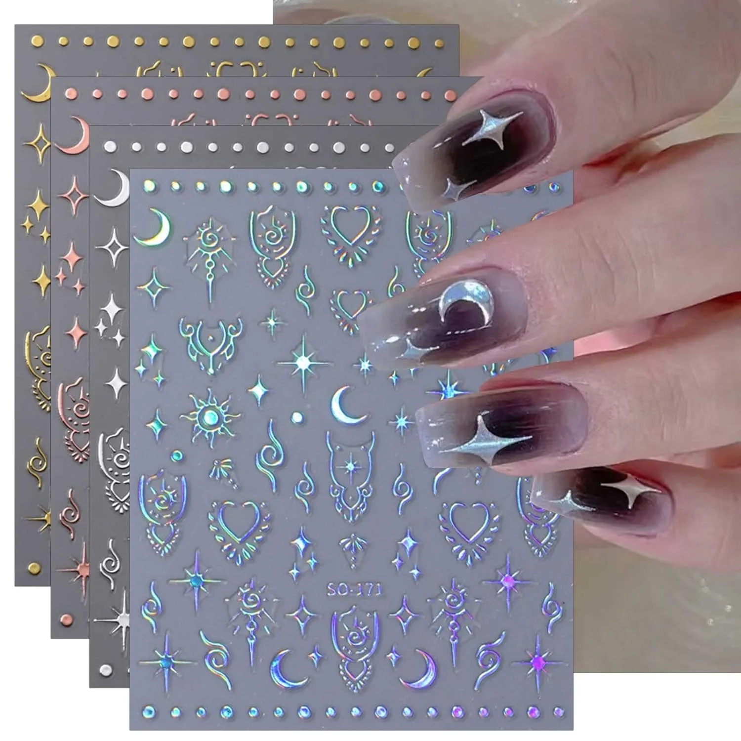 4 Metallische Sternen-Mond-Nagelaufkleber für Ramadan, einfach anzubringen für DIY-Nageldekoration, Geschenke, Party- und Hochzeits-Make-up-Styling