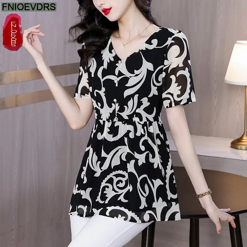 L-5XL Loose Clothes 2024 Women Summer Elegant Ruffles Button Shirts Retro Patchwork Black Floral Tunic Peplum Tops And Blouses