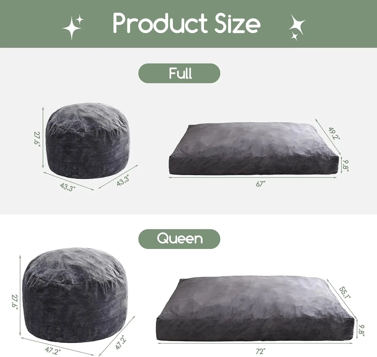 Higogogo Giant Bean Bag Chair Bed For Adults,Convertible Beanbag Folds From Lazy Chair To Floor Mattress Bed,Large Floor Sofa