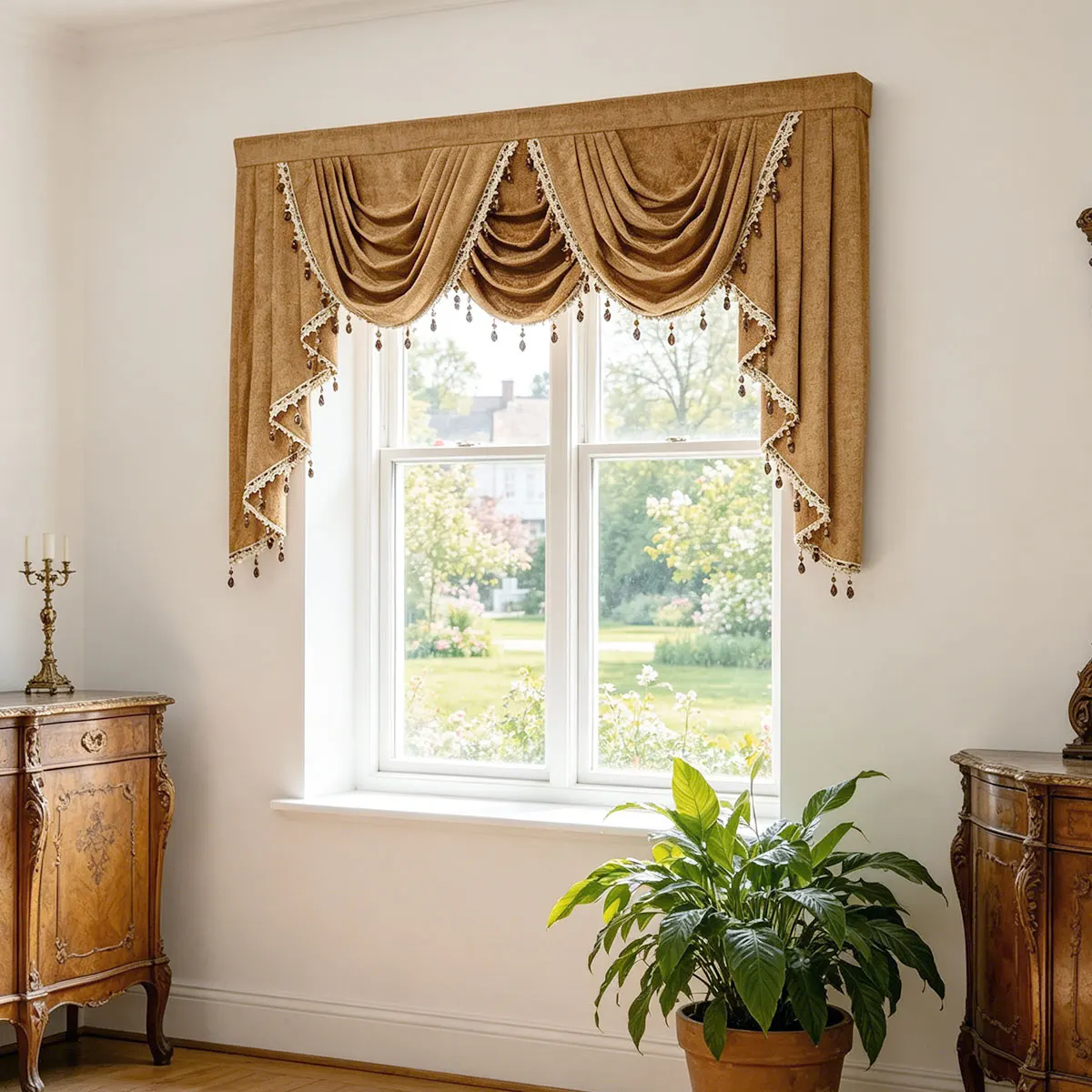 1 pc Khaki Velvet Swag Valance with Side Panels, French Vintage Country Style, Hand Pleated Lace Bead Tassel Trim Window Pelmet