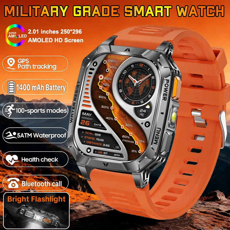 

2026 New Military Grade 1400 mAh Battery Smart Watch Men 2.01" AMOLED Screen 5ATM Waterproof GPS Track Sports Fitness Smartwatch