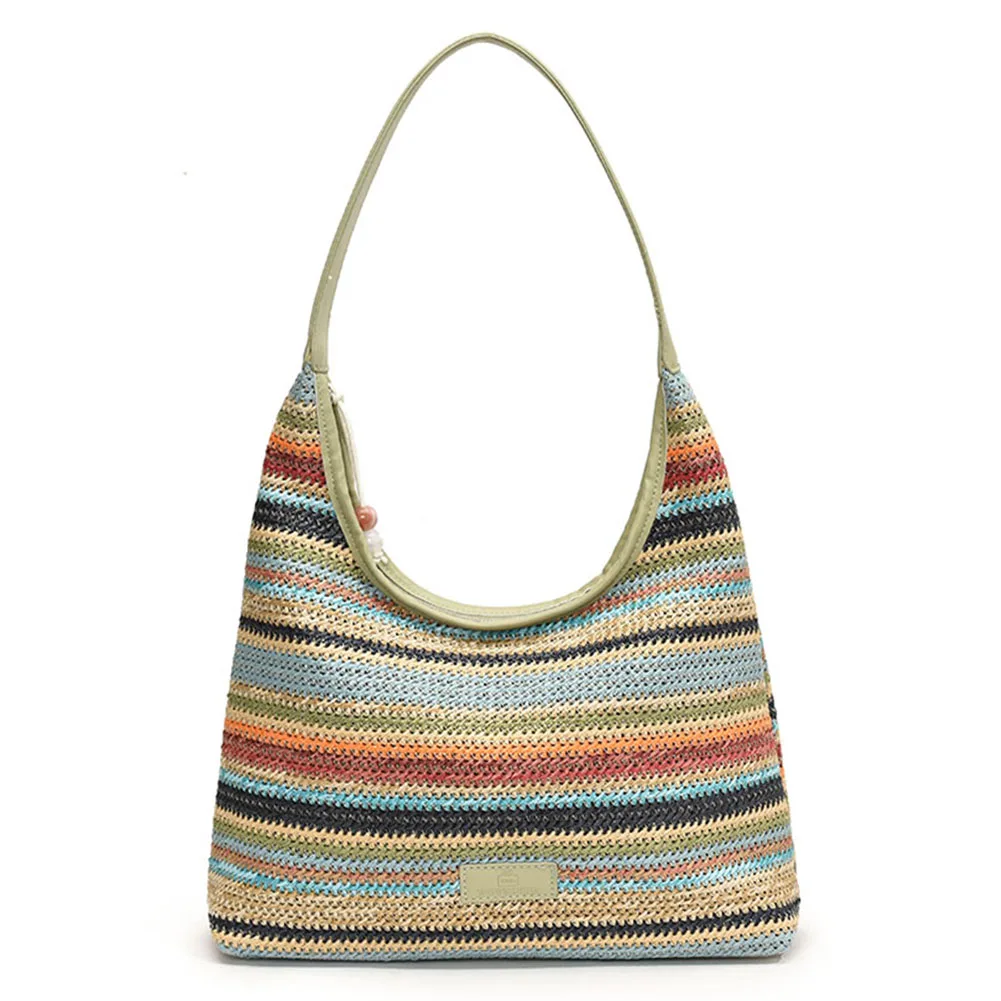 

Women Straw Woven Tote Bag Summer Beach Bags Large Capacity Fashion Woven Handbag Ethnic Style Contrast Color for Outdoor Travel