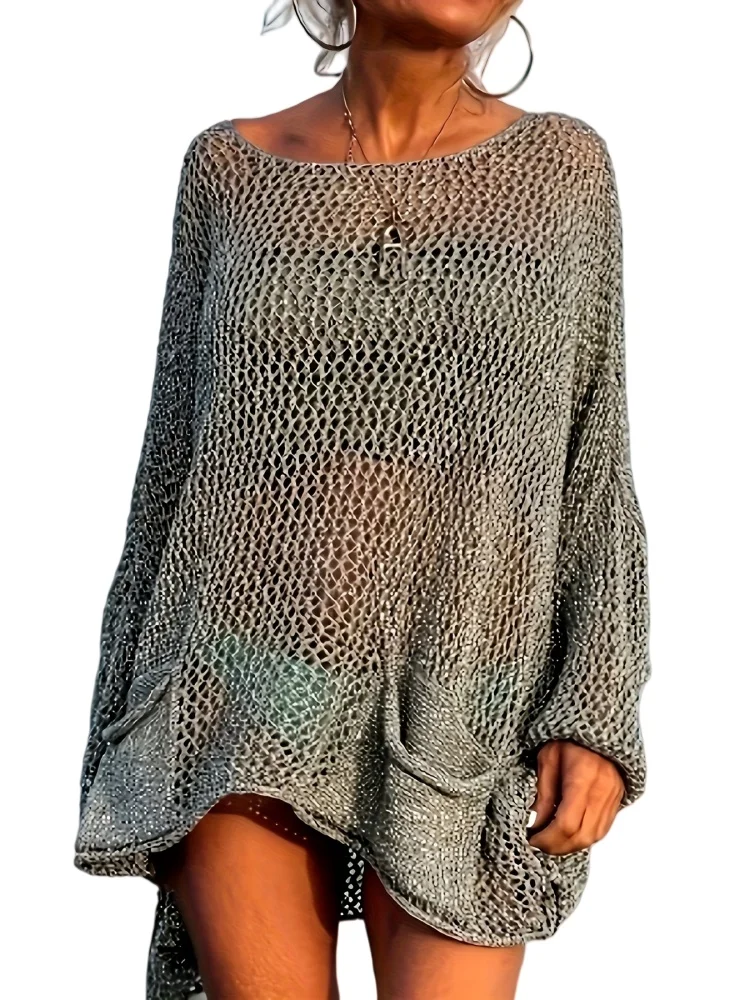 

European and American Plus-Size Women's Vacation-Style Beach Shirt Cover-Up Sexy Hollow-Out Pocket Knit Top for Women