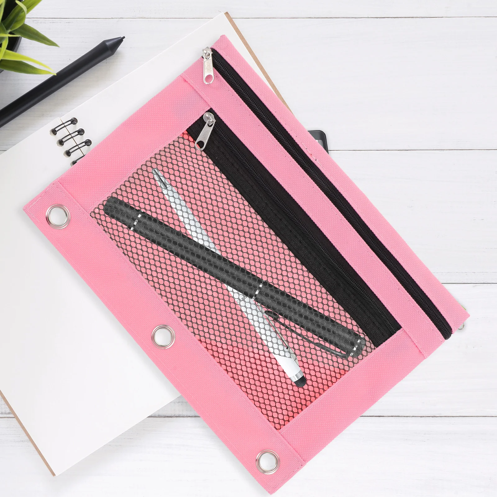 

Binder Pencil Zipper Pen Pencil Case Holder Oxford Cloth B5 Black Detachable Ring Mesh Bag School Office Supplies