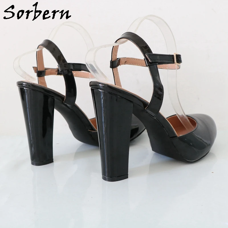 Sorbern Black Shiny Block High Heel Ankle Strap Women Pump Shoes Chunky Heeled Round Toe Vintage Style Custom Plus Size image 4