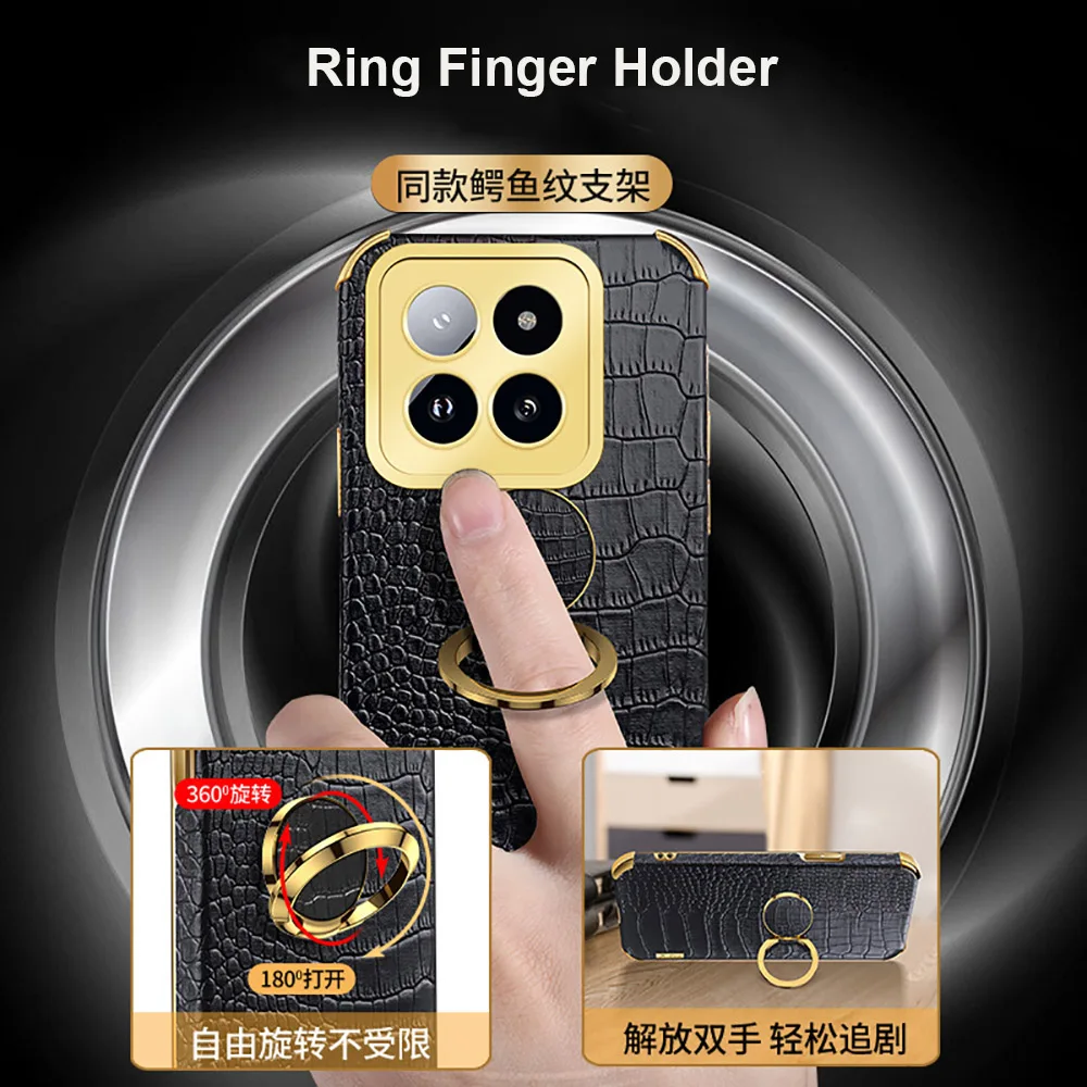 Crocodile Pattern Leather Back Case For Xiaomi 14 Pro Case Magnetic Ring Holder Case For Xiaomi 14 Camera Protector Full Cover