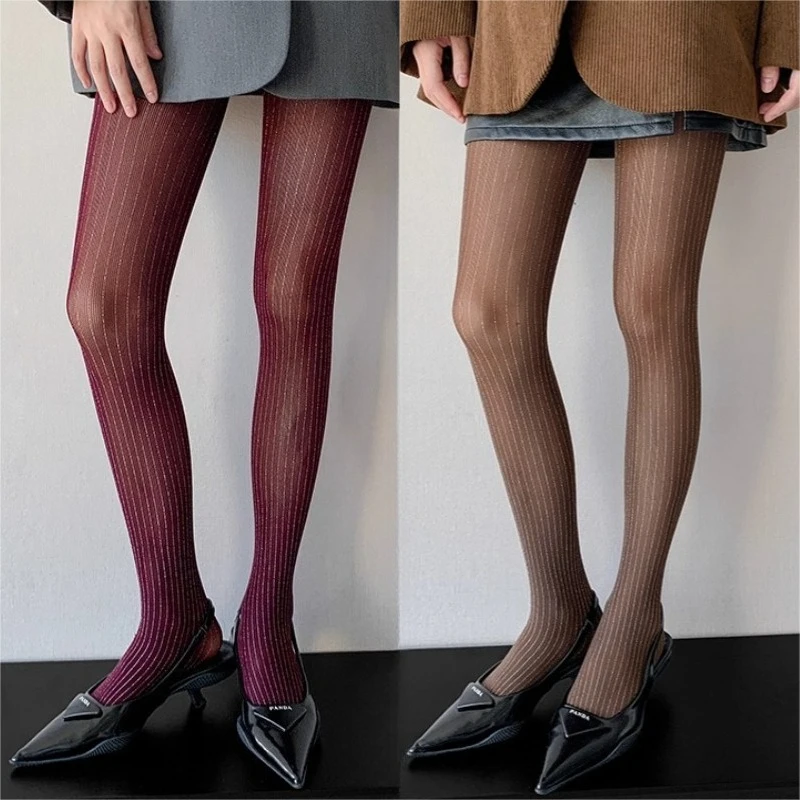 New Angola Red Flesh Light Tights Women Retro Style Sheer Silver-streaked Stockings Sexy Uniform Shiny Slimming Coffee Pantyhose