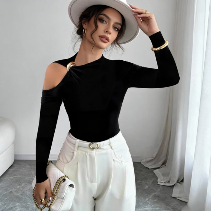 Casual Unregelmäßigen Hals Einfarbig Top Elegante Off schulter Slim Fit Langarm Bluse Frauen Mode Aushöhlen Streetwear Shirt