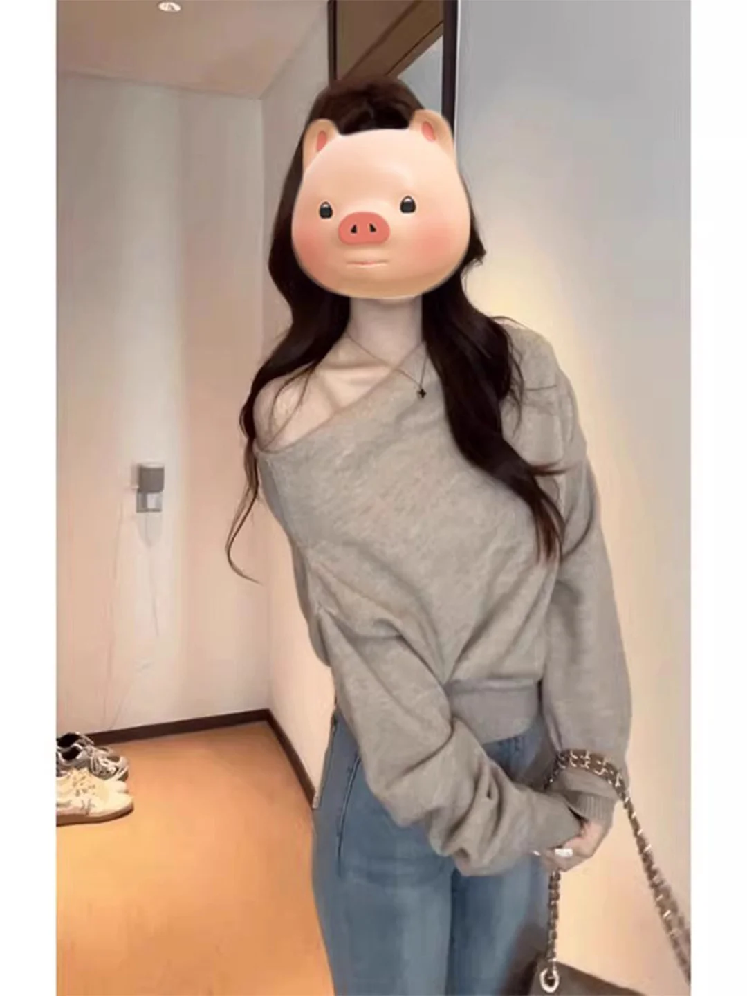 

Женский свитер с асимметричным принтом, свободный крой, корейский вязаный топ, шикарный осенне-зимний новый поступление, Sweet Sle Long Sve