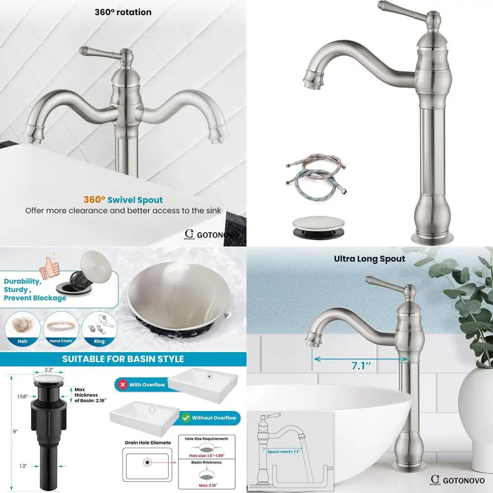 

360° Swivel Spout Single Handle Tall Bathroom Faucet with LavaWashbasin Mixer Tap, Matching Hoses, Up Drain, Brushed Nickel Fini