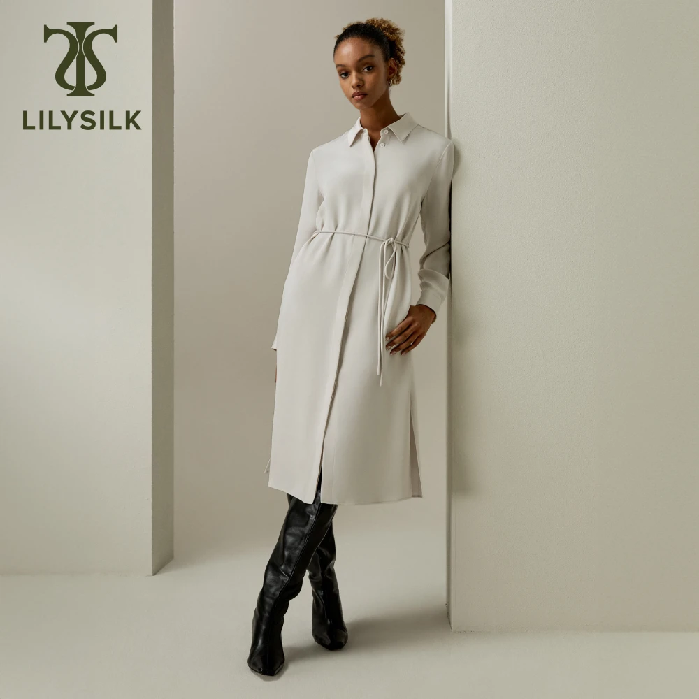 LILYSILK Women's Rope Tie Plain Drape Dress Ladies Heavy Silk Crêpe de Chine Dress with Hidden Placket and Side Slit