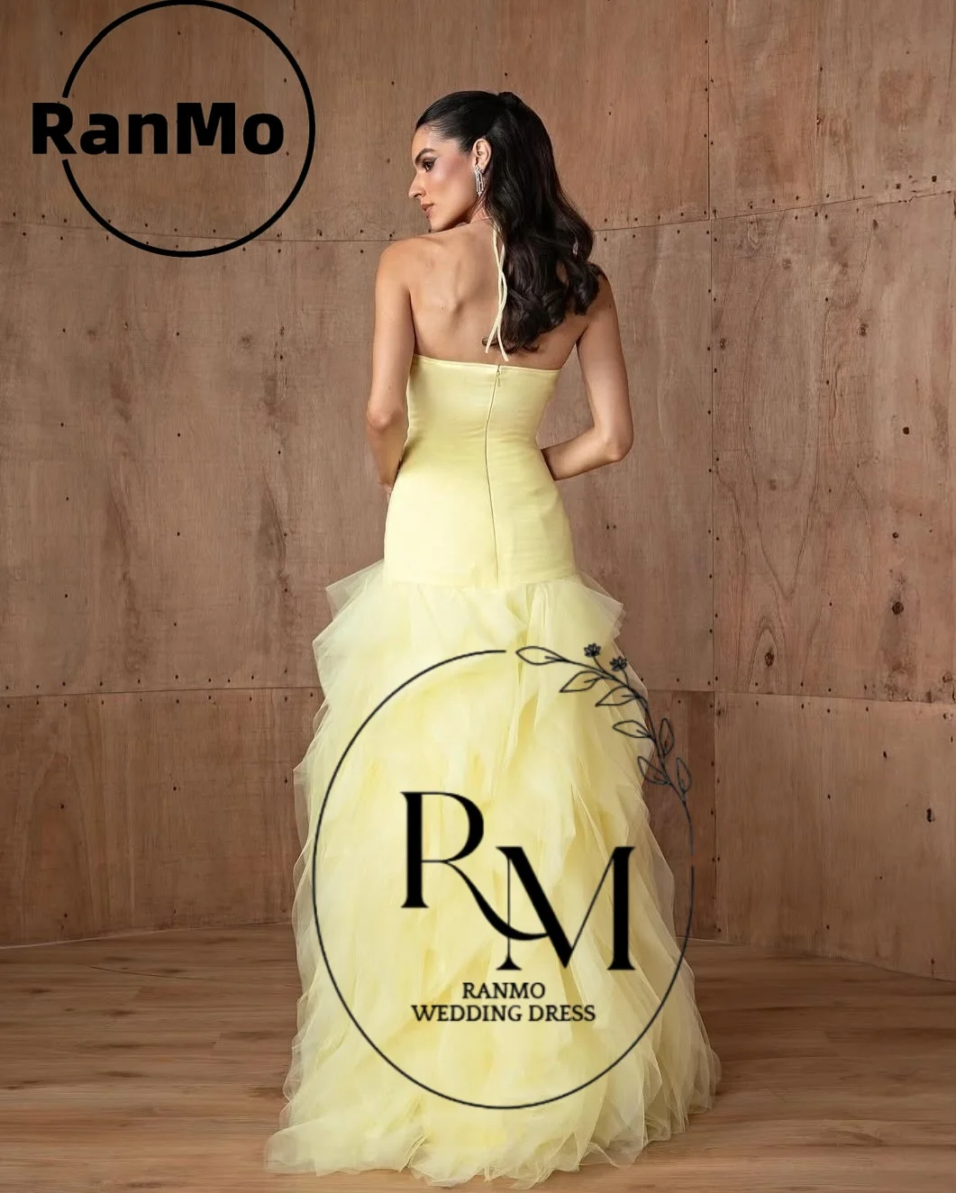 Ranmo Customized Yellow Off Shoulder Layered Ball Dress Mesh A-line Wedding Party Dress Floor Robe Celebrity Dress Customized
