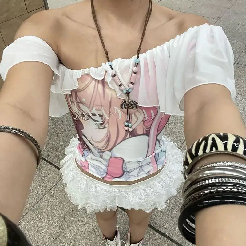 

Модный женский топ Slim Fit с асимметричным воротником и мультяшным принтом, новинка лета 2025 года, сексуальная женская одежда для eBay (трансграничная продажа)