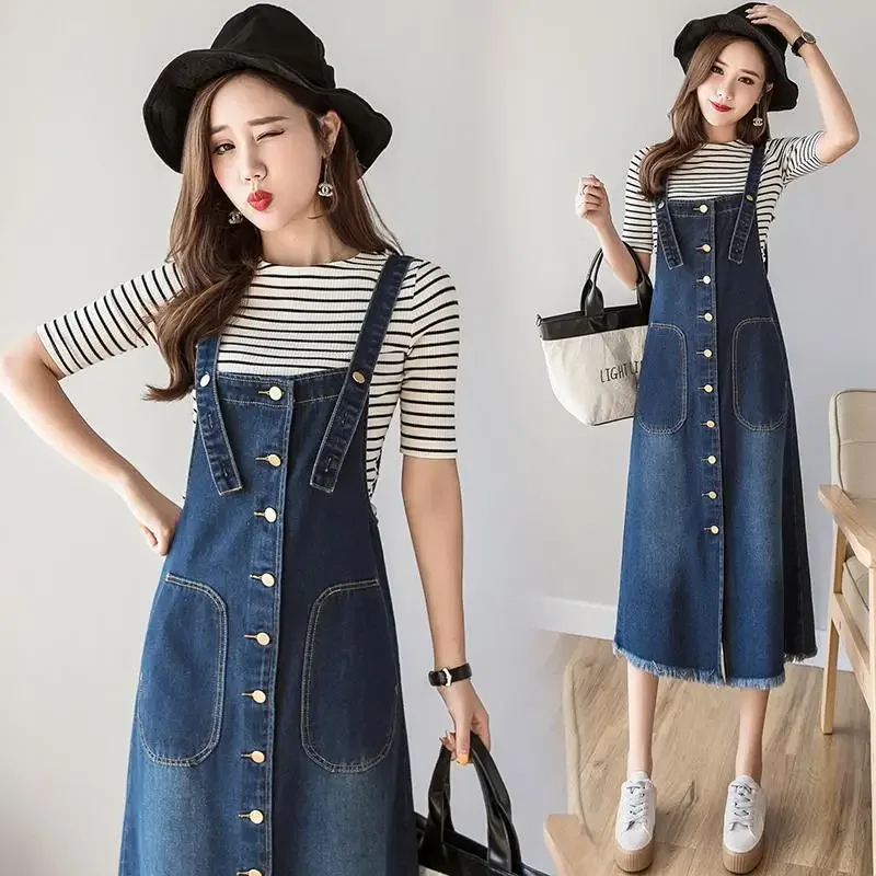 

Button Design Long Denim Dress Women Adjustable Shoulder Strap Cowboy Sundress 2025 New Summer Practical Pocket Jean Casual Wear