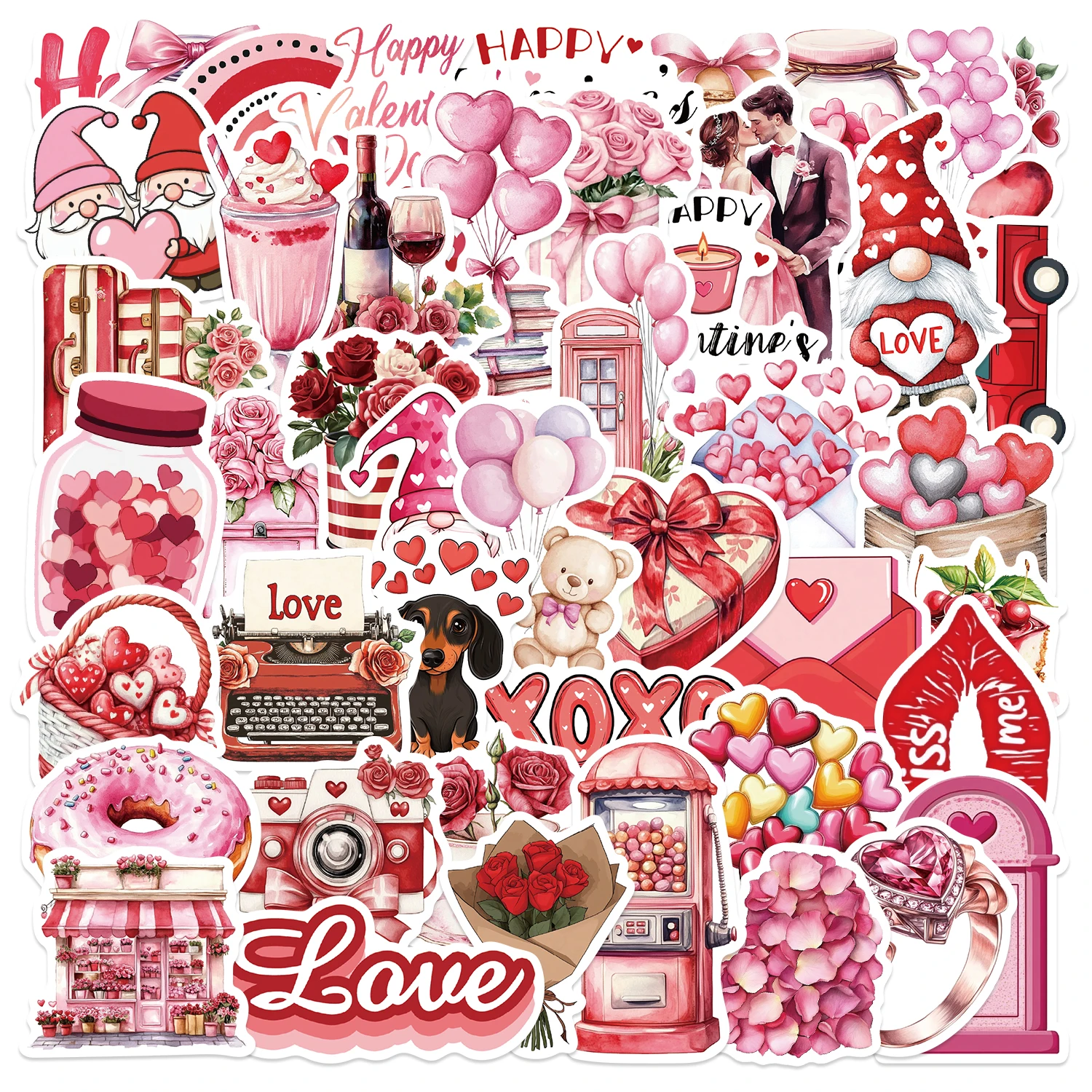 50 Stück rote Cartoon-Romantische Valentinstag-Geschenkaufkleber, niedliche ästhetische DIY-Notizbuch, Laptop, Telefon, Vintage-Graffiti-Aufkleber