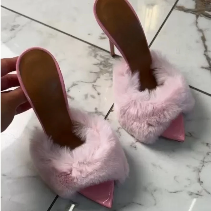 Arden Furtado Summer Pink fur Peep toe Slippers Pointed toe pull-on Super high heel Sexy Word slippers Catwalk shoes - view 2