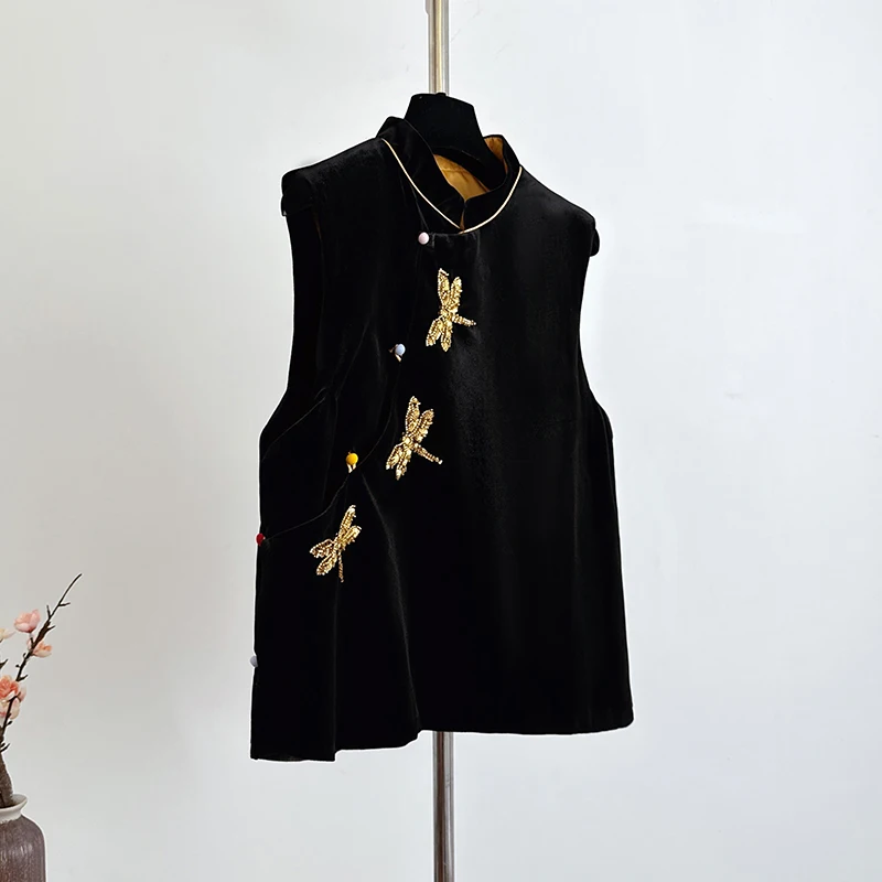 

Женский бархатный топ больших размеров с воротником-стойкой, традиционный китайский топ, весна-осень, Новое поступление, удобный топ для поездок на работу