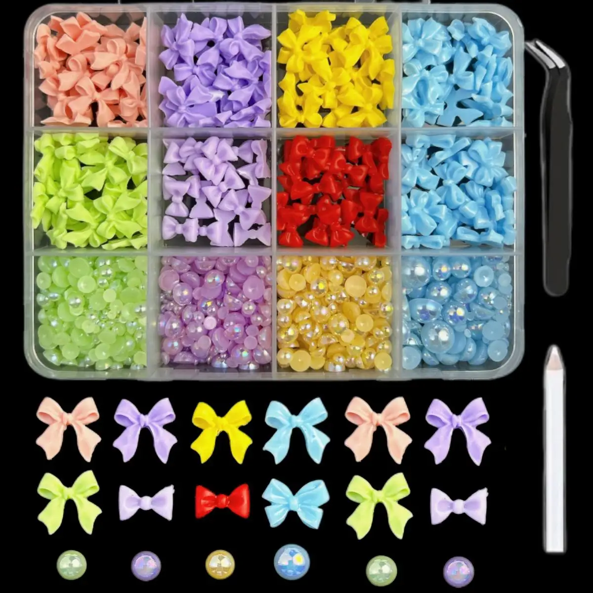 

1Box Sweet Colorful Resin Flower Series Nail Charms 3D Dreamy Bow Simulated Half Round Pearl Nail Art Decoration DIY Crafts