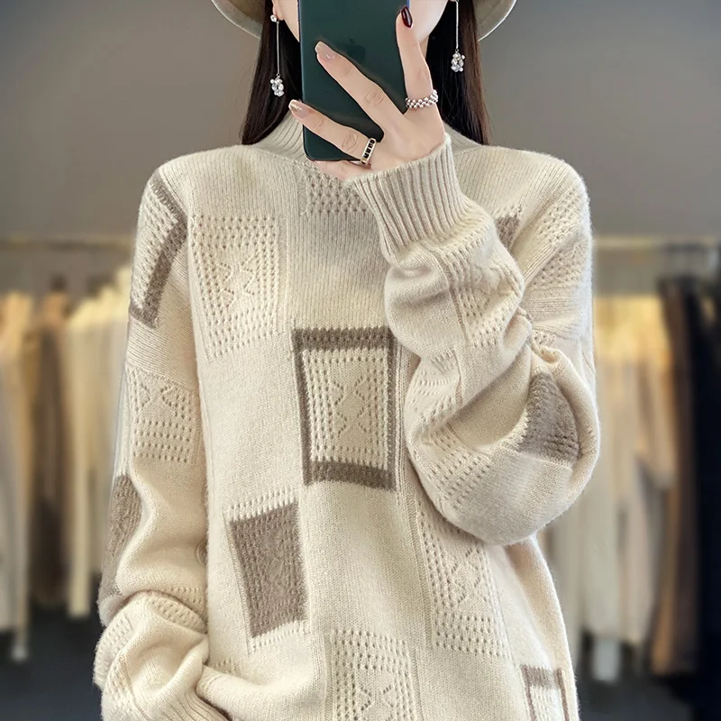 

23Autumn Winter New Woolen Sweater Women's Half High Neck Long Sleeve Pullover 100% Pure Wool Hollow Out Colored And Simple Knit