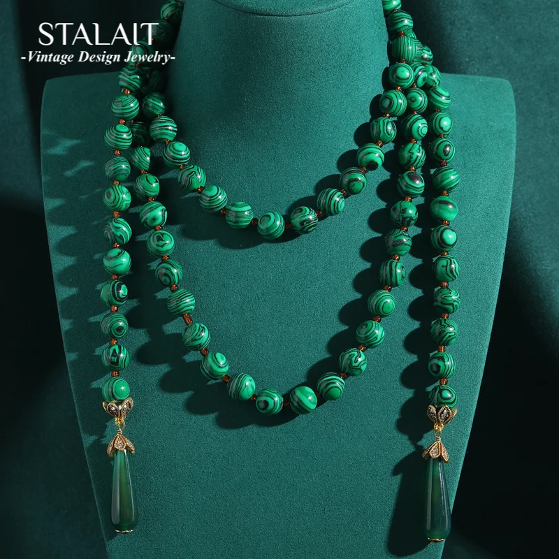 

Винтажное ожерелье из бусин, длинное зеленое изумрудное ожерелье, большой подарок на день матери, женские роскошные дизайнерские украшения, свадебные аксессуары, свадьбы