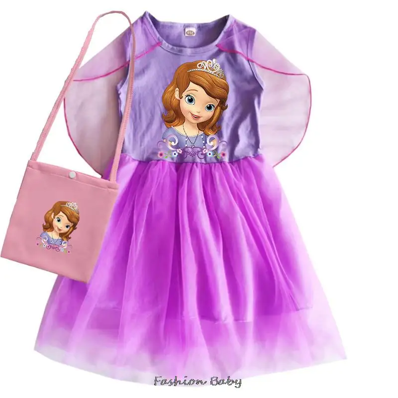 Hot Sofia Dress Kids TShirt Mesh Dresses Toddler Girls Princess Vestidos Children Wedding Party Clothes Purple Pink