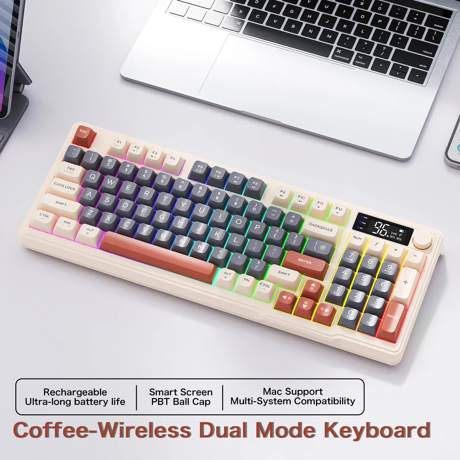 M96 Bluetooth-toetsenbord Draadloos FREEWOLF-schermgamingtoetsenbord, elektronisch scherm, verbinding met meerdere apparaten, ergonomie-gaming