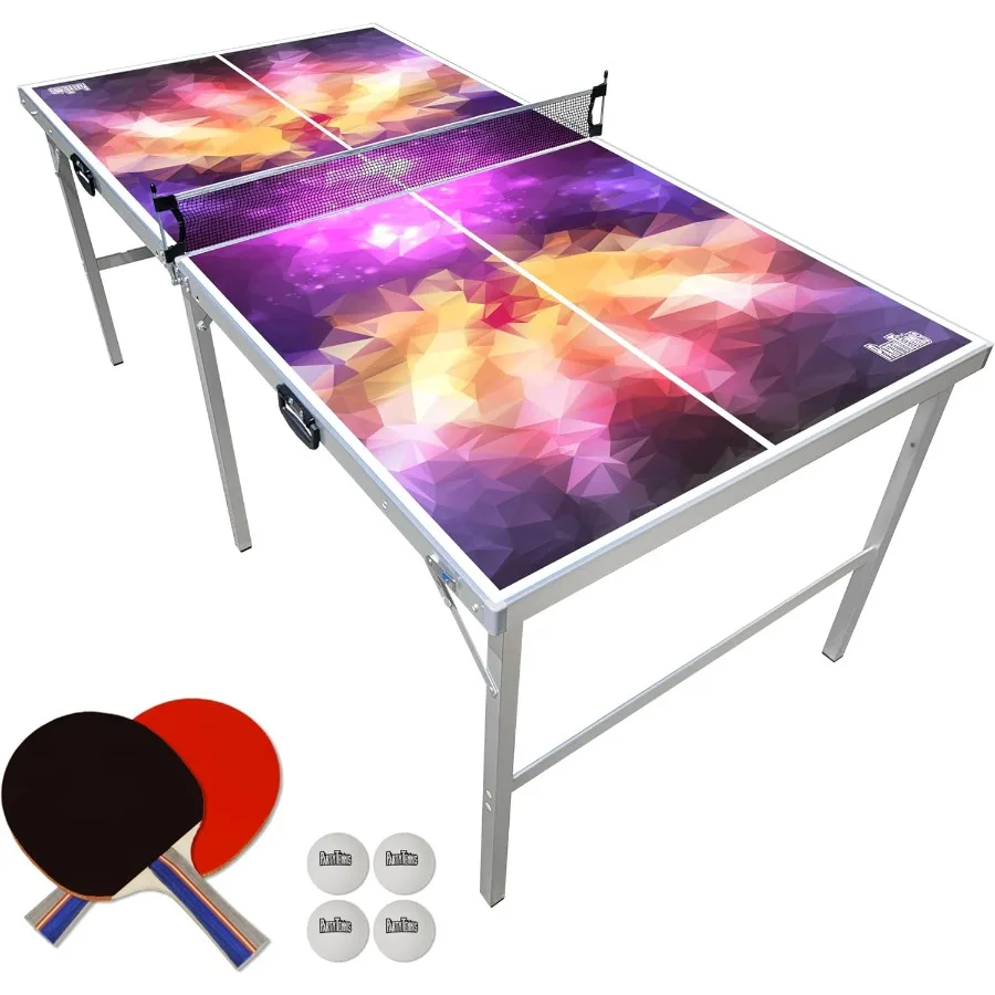 

6 ft x 3 ft Mid-Size Portable Folding Indoor Outdoor Ping Pong Table Tennis Table with Optional LED Lights Game Room Not Full S