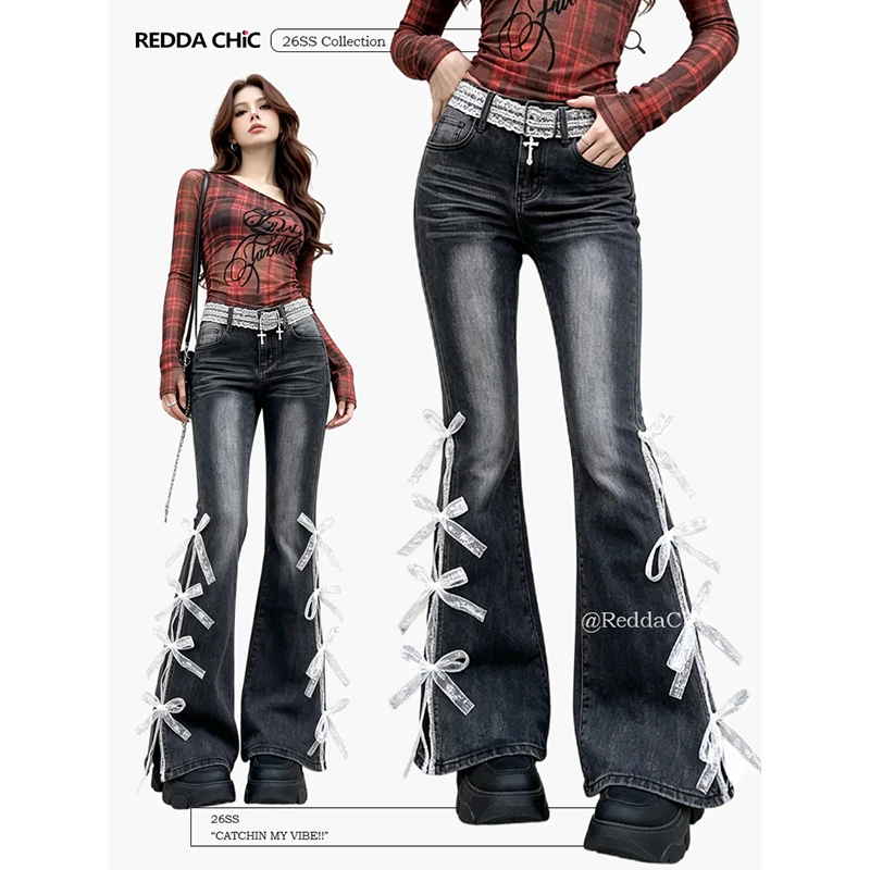 

ReddaChic Contrast Ribbon Women Flare Jeans Retro Slit Distressed Fitted High Waist Stretchy Denim Trousers Y2K Everyday Wear