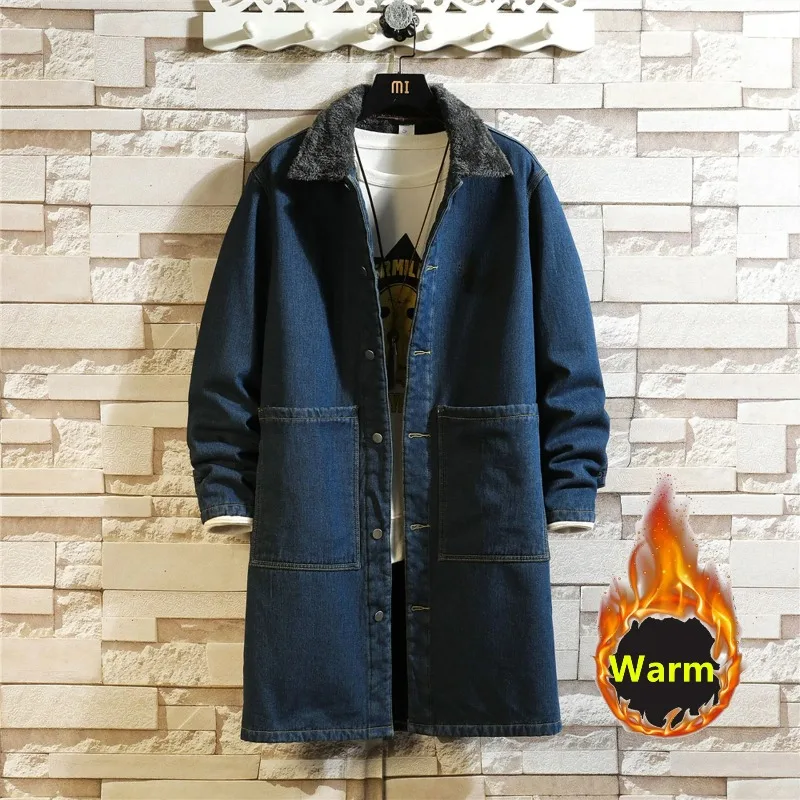 KIDWHXR Vintage Denim Trench Coats Men Autumn Winter Fleece Mid-length Jackets Man Fashion Casual Windbreaker Male Loose Coats