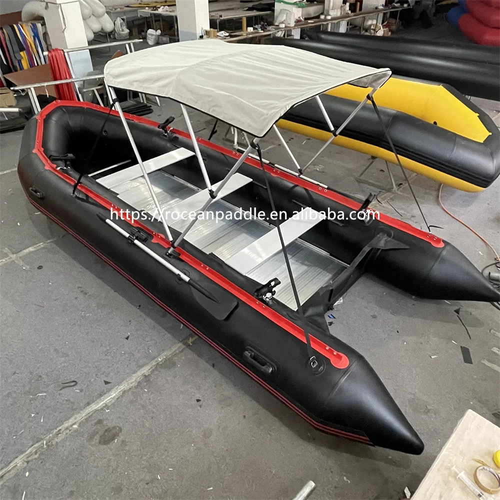 

CE Large Popular Black And Red Color Durable V Shape Bottom Aluminum Floor Rubber Inflatable Boat With Canopy SFB-500