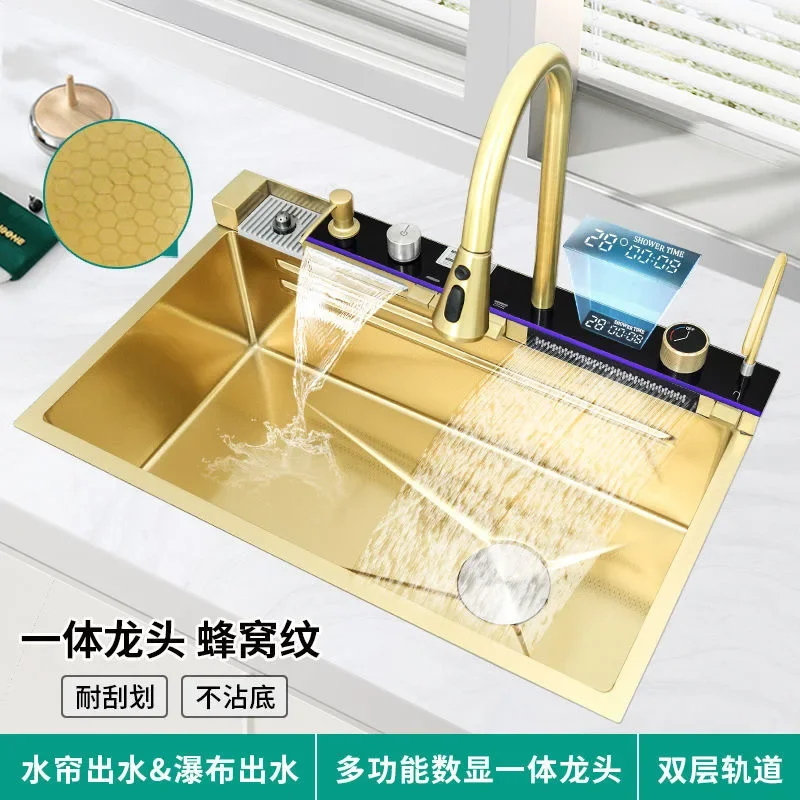 Super thick double waterfall sink nano 304 stainless steel single can kitchen vegetable washing digital display