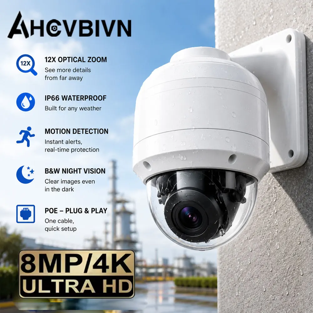 Outdoor 4K 8MP POE Security PTZ Camera 12X Optical Zoom Support Onvif NVR  AI Motion Detect IP66 Waterproof CCTV Camera