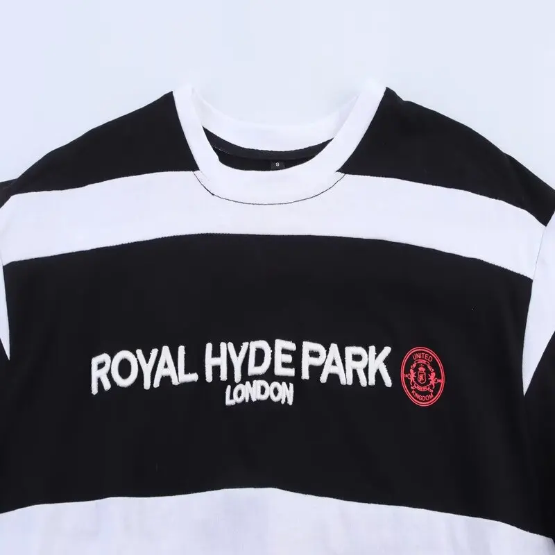 2025년 여름 신상 여성 티셔츠 자수 스트라이프 드레이프 숄더 반팔 캐주얼 스타일 라운드넥 숏 기장