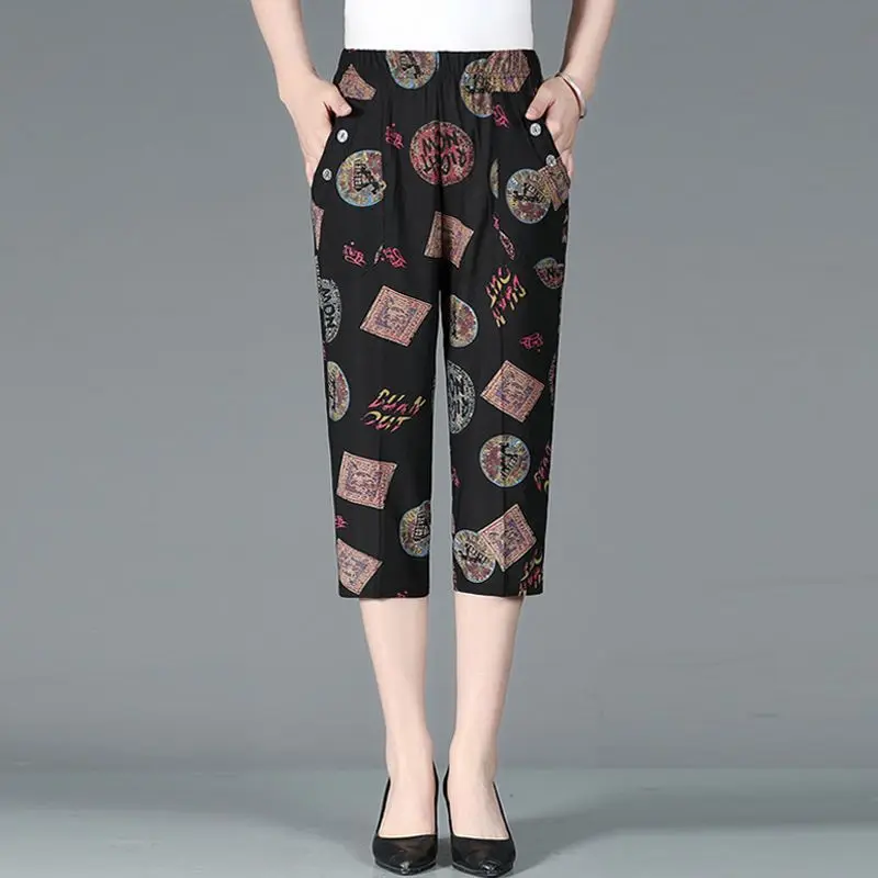 Summer New High Waist Capri Pants Elastic Casual Loose Straight Female Clothing Fashion Pockets Patchwork Vintage Printed Pants