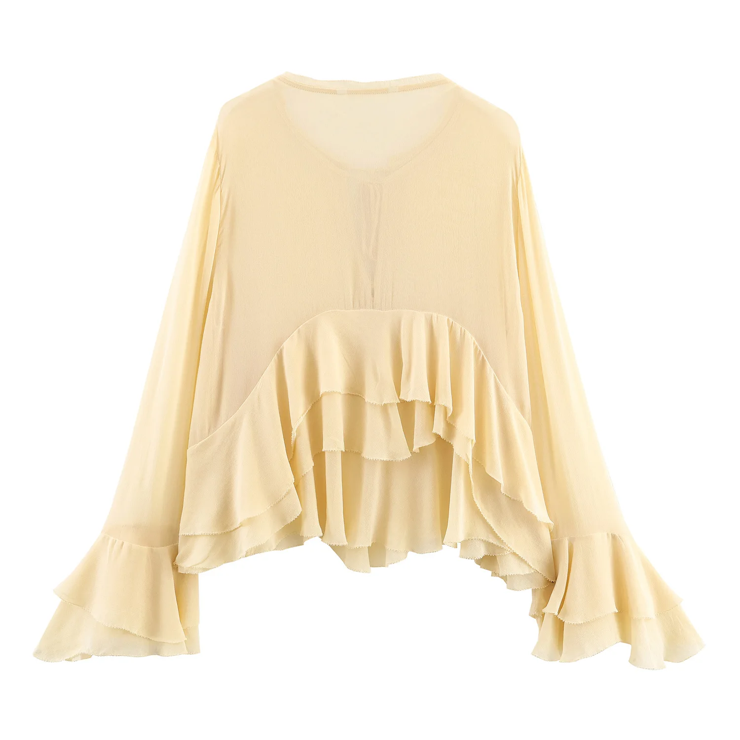 Stile europeo e americano 2025 autunno nuova moda femminile girocollo legato camicia decorativa a strati con maniche svasate larghe