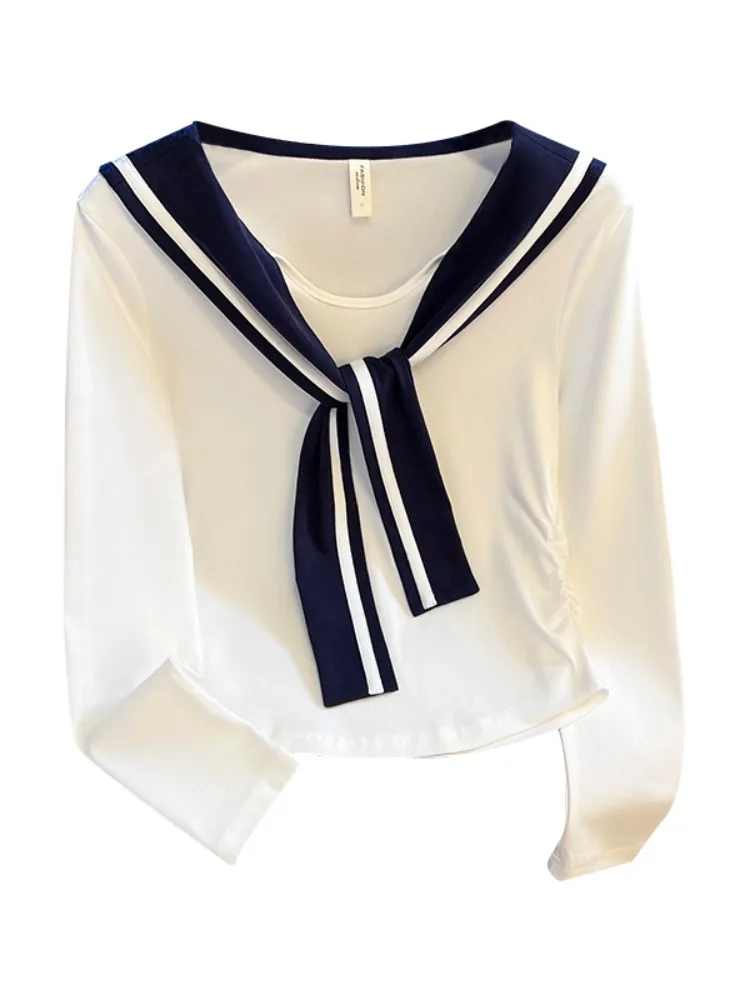 الكورية Sle طويلة Sve تي شيرت المرأة أوائل الخريف الخصر الصغيرة Cinched مطوي ort الأعلى مع وشاح الكتف تصميم الذاتي Kept #5