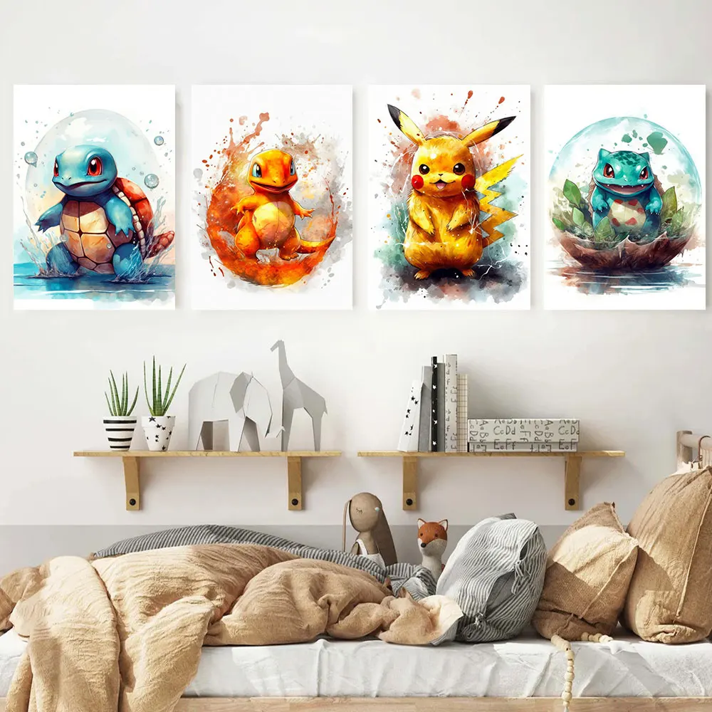 Anime Pokémon Canvas Painting Pikachu Squirtle Charmander Poster Watercolor Art Wall Cartoon Bubble Mural Room Decoration Gifts