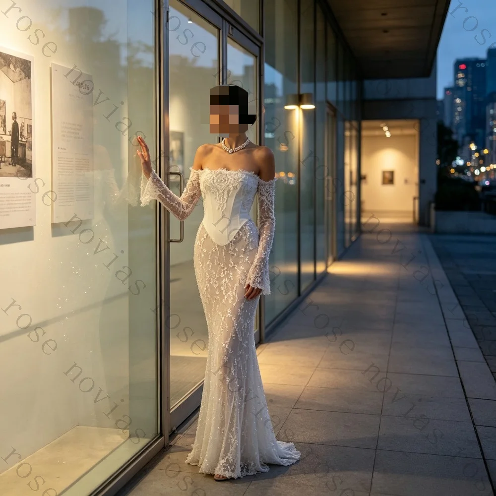 Customized Luxury Minimalist Elegant Modern Mermaid Wedding Dress Strapless Off Shoulder Sweep Beaded Lace Tulle Bridal Gown