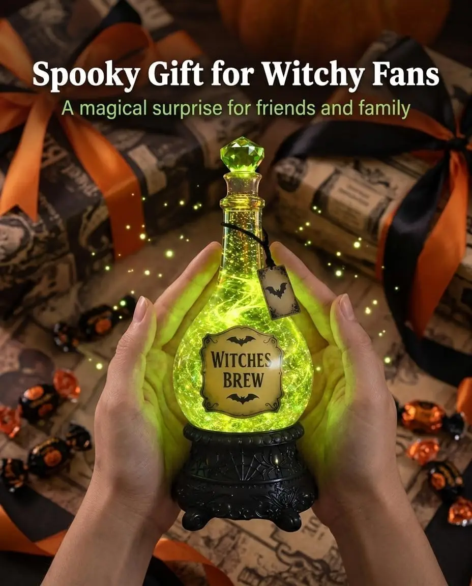 Lighted Witches' Brew Bottle Glitter Globe Green Light up with Swirling Glitter Effect Jewel Stopper