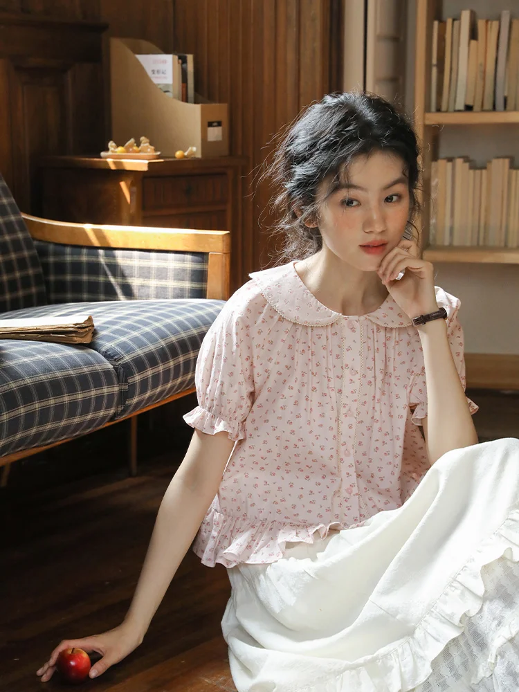 

Женская блузка Nesoulum с розовым цветочным принтом и воротником-стойкой, летняя, винтажная, с кружевным дизайном, свободного кроя, для повседневной носки, с принтом