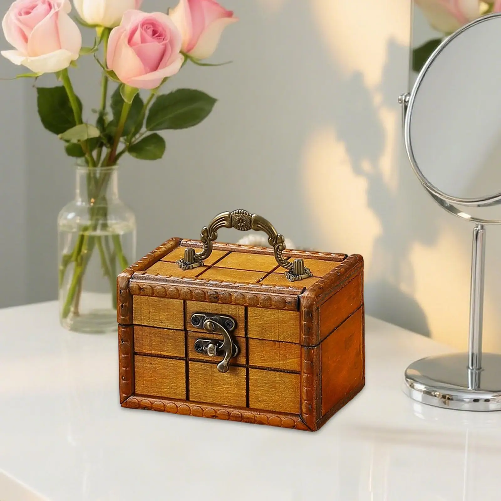 

Vintage Design Wooden Jewelry Box Multipurpose Accessories with Carry Handle